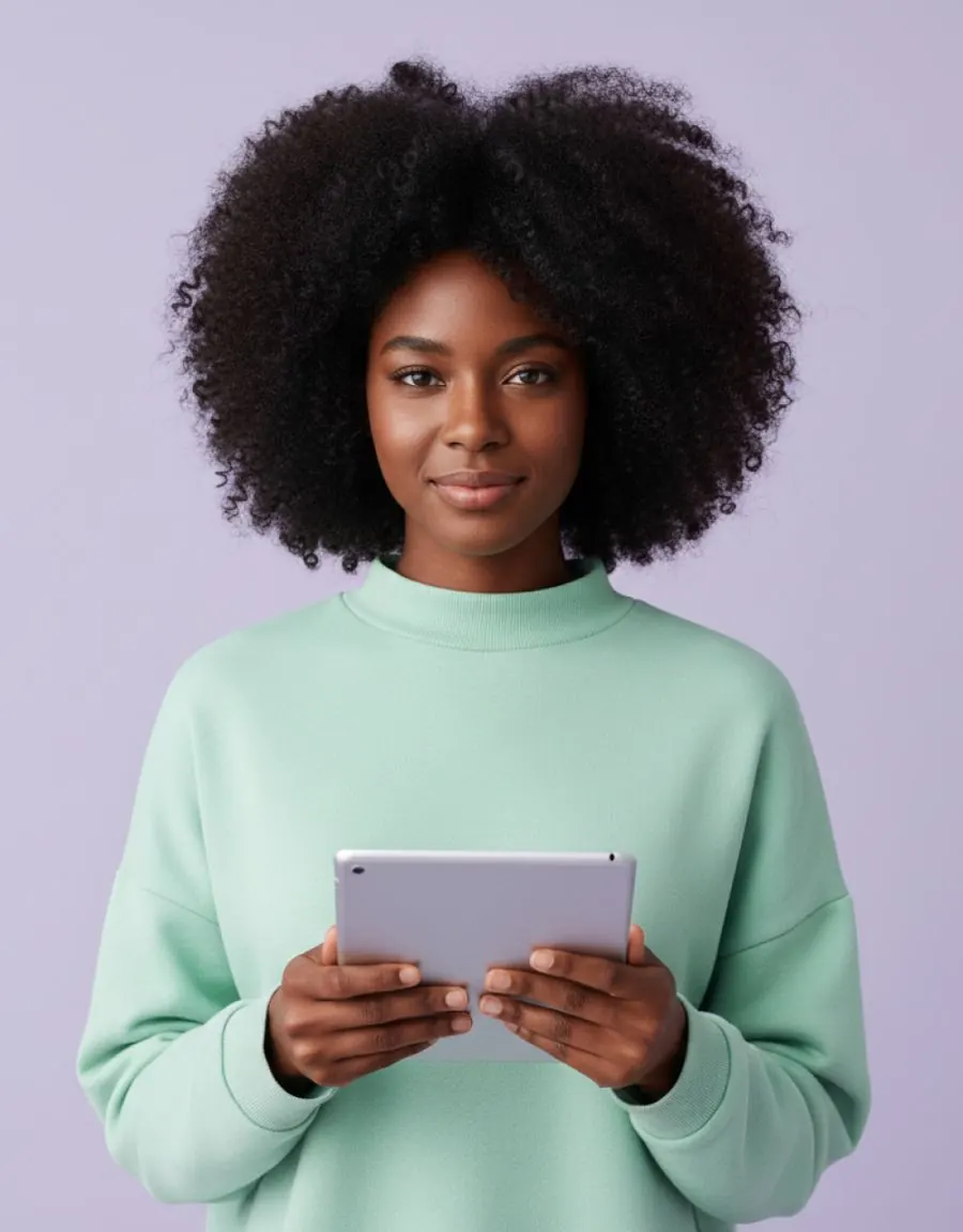 Corretora consultando imóveis em um tablet